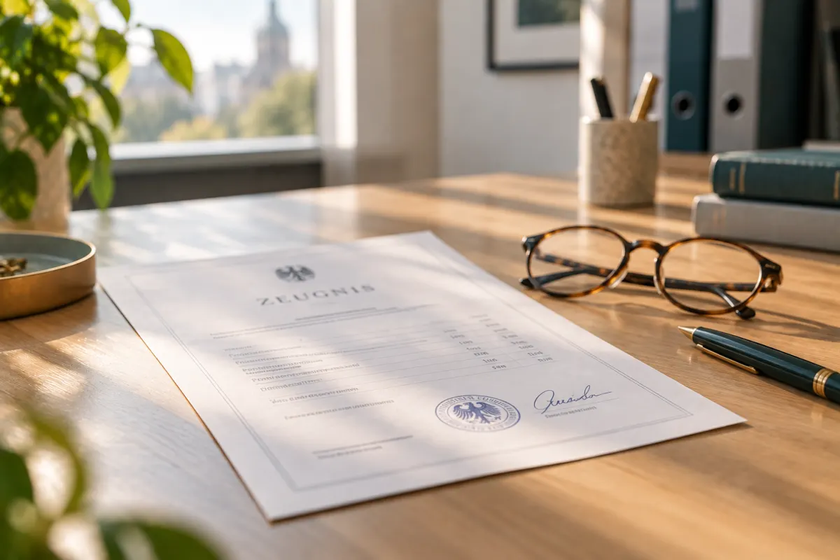 Arbeitszeugnis mit Stempel, Unterschrift und Bewertungssternen